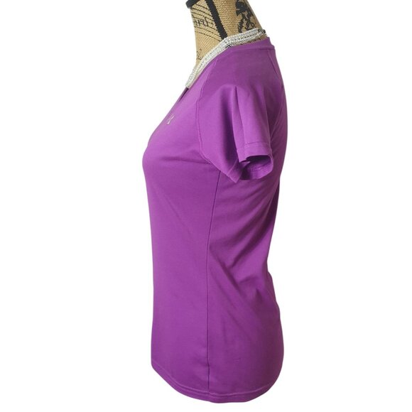 Under Armour Womens V-Neck T-Shirt XS Purple HeatGear Semi-Fitted Run Athletic - Picture 4 of 6